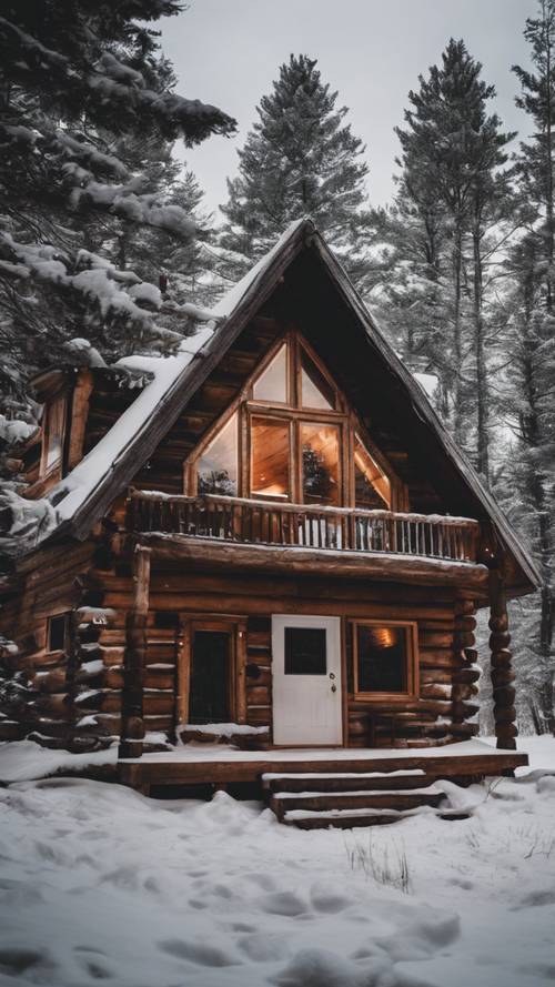 Przytulna, rustykalna chata z bali położona na zaśnieżonej dziczy na górnym półwyspie Michigan.