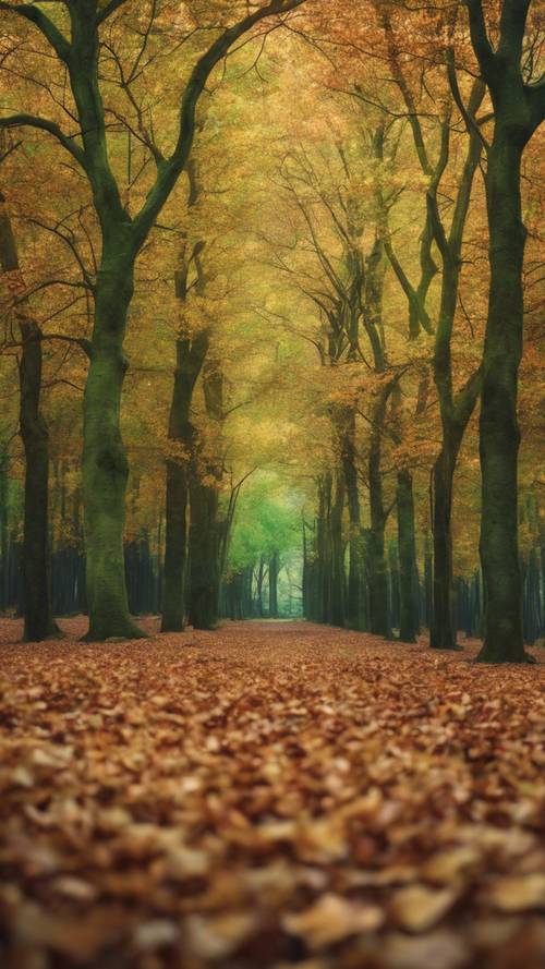 Ein Bild eines grünen Waldes, bedeckt mit Herbstlaub, mit einem nachdenklichen Zitat über die Jahreszeiten.