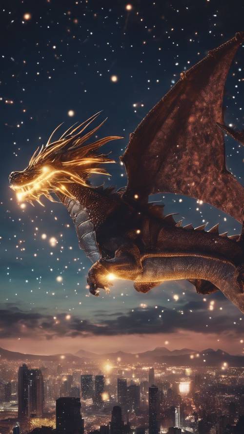 Силуэт дракона, летящего над городом, освещенным фейерверками в канун Нового года.