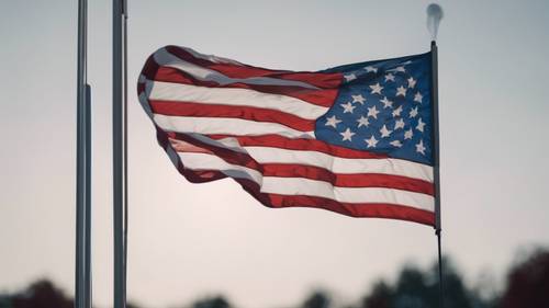 美国国旗在风中飘扬，蓝色背景上呈现红白条纹和白色星星。