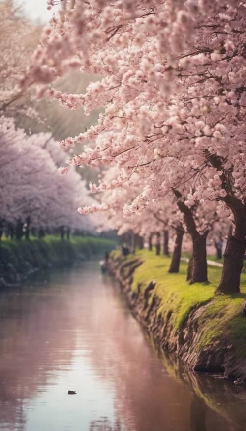 A vibrant spring landscape featuring a picturesque row of cherry blossom trees along a river.