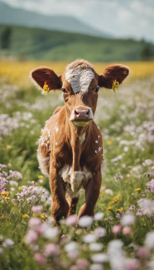 草花の生えた牧場を飛び跳ねる元気な春の子牛
