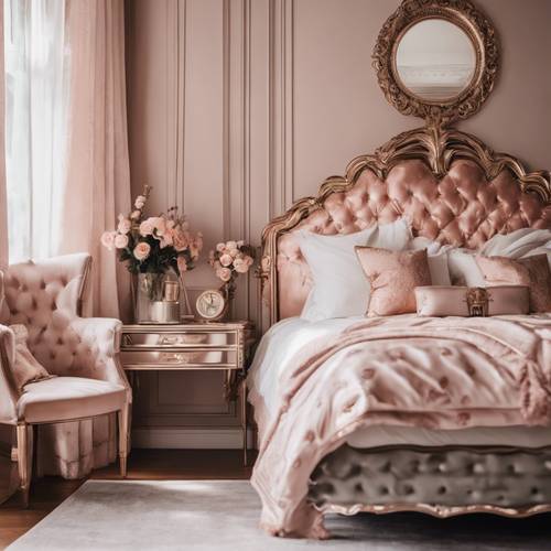 Camera da letto vittoriana con accenti in oro rosa.
