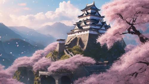 벚꽃 폭포 사이에 웅장하게 자리잡은 환상적인 애니메이션 성입니다.