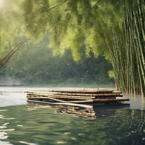 Ein Bambusfloß, das auf einem ruhigen Fluss schwimmt