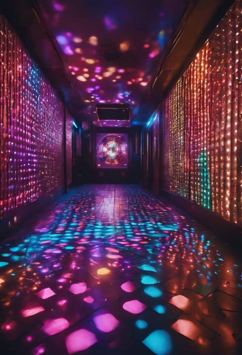 Lorong gelap klub disko tahun 70-an, dengan pola cahaya warna-warni berjatuhan di lantai dansa.