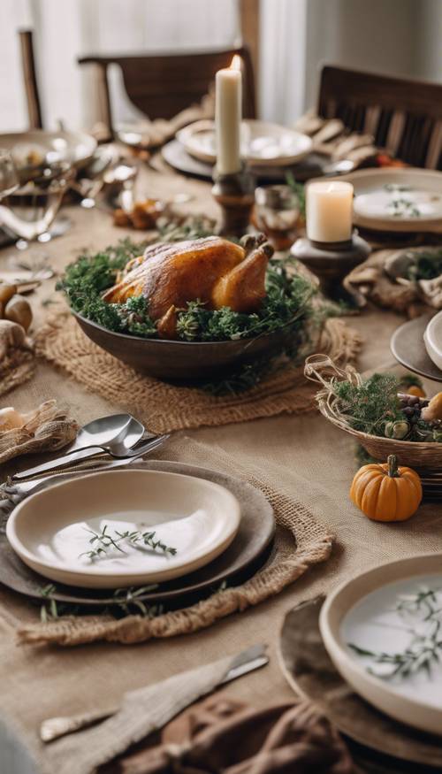 Organic and simple Thanksgiving dinner setting with fiber-placed mats, Burlap runner, and herb garnished dishes.