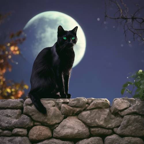 Un gato negro con vibrantes ojos verdes, merodeando sobre un muro de piedra, con una clara luna de Halloween de fondo.