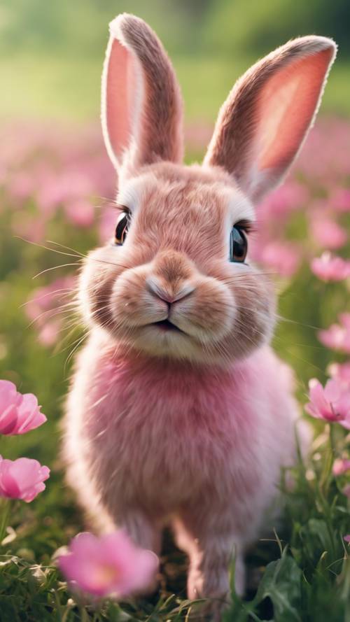Seekor kelinci merah muda ceria dengan mata berbinar melompat gembira di padang rumput hijau.
