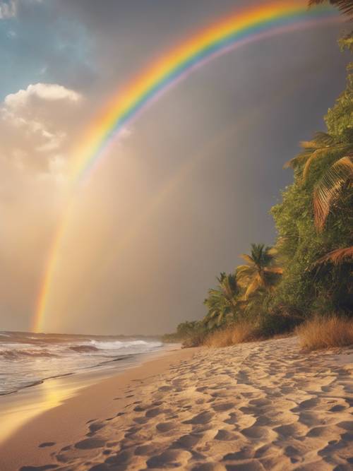A big, enchanting rainbow towering over a peaceful sandy beach as the sun is about to set.