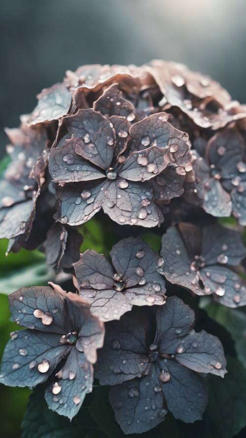 Ripresa macro di un&#39;ortensia nera che fiorisce sotto la luce morbida di una mattina nebbiosa.