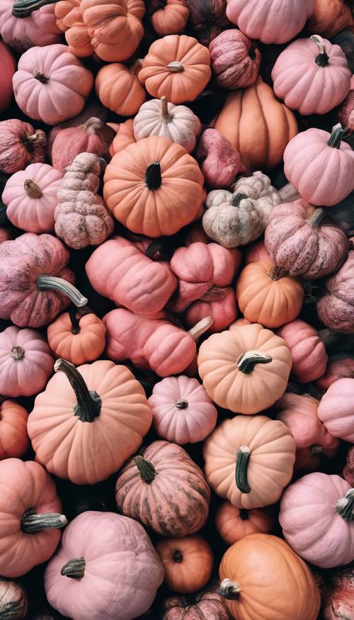 Pink pumpkins and gourds arranged artistically for a Thanksgiving display. Behang [75d497724782454592d9]