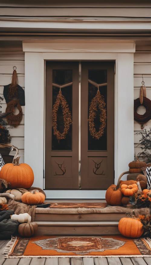 Un porche en tonos tierra con estética de Instagram decorado con calabazas, astas y alfombras bohemias en anticipación de una divertida celebración de Acción de Gracias.