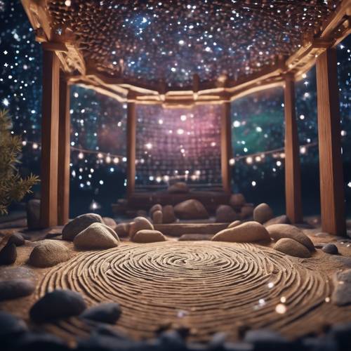 Jardin zen de nuit avec des pierres disposées selon des motifs géométriques complexes sous les étoiles holographiques 3D.