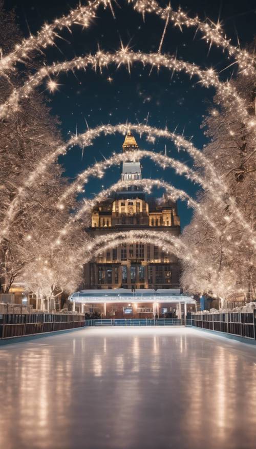 The twinkling lights of an ice skating rink in the city at night.