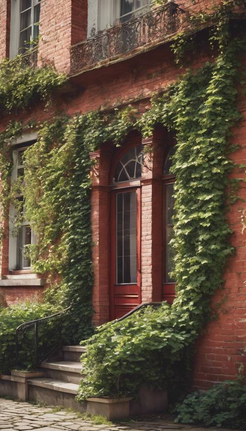 Rumah bata merah antik yang menawan dengan tanaman ivy tumbuh di sekitar jendela pada musim semi.