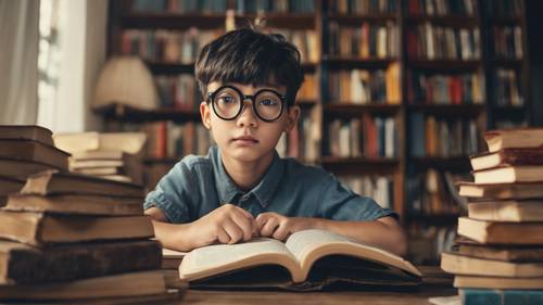 Un ragazzo intelligente con occhiali rotondi, circondato da libri e che legge un grande dizionario.