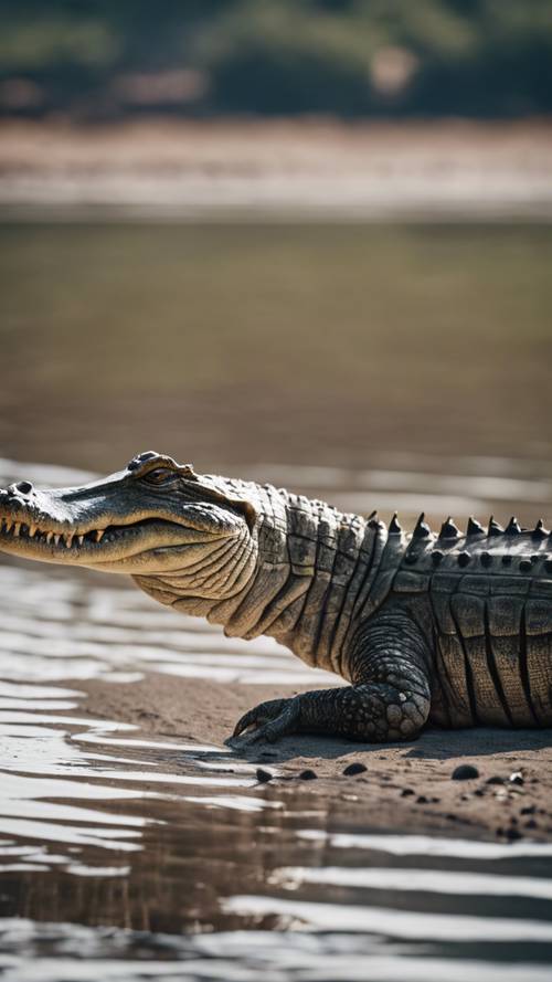 Krokodyl powoli skradający się w stronę niczego niepodejrzewającej zebry na brzegu wody.