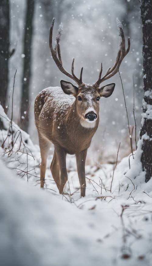 A deer softly treading through a thick layer of snow in a quiet forest.