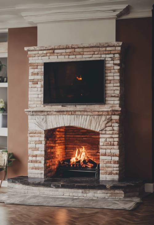 A rectangular vintage brick fire place with a roaring fire inside.