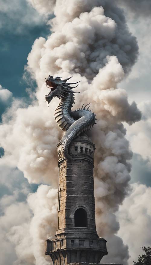 Seekor naga melingkari menara, mengeluarkan awan asap putih.