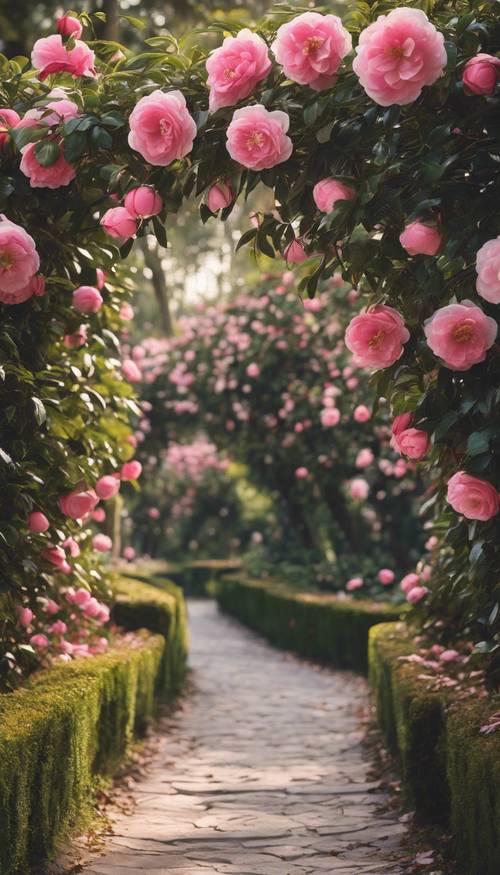 A path lined with blooming camellias, leading towards a tranquil lake. Tapeta [cbbafc924563496cbd3e]