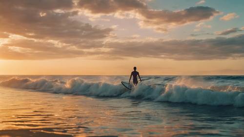 Un jeune homme sur une planche de surf chevauchant à l’horizon, le ciel se pare des teintes brillantes du soleil couchant.