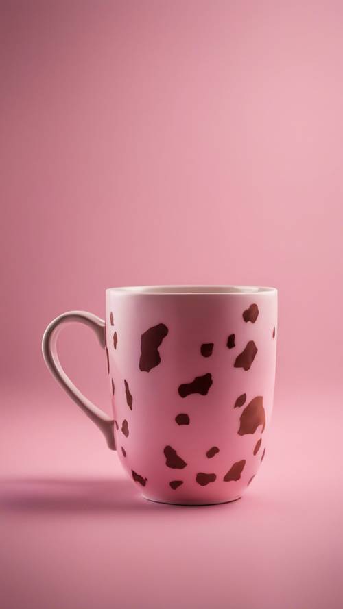 An artsy coffee mug with a matte pink cow print.