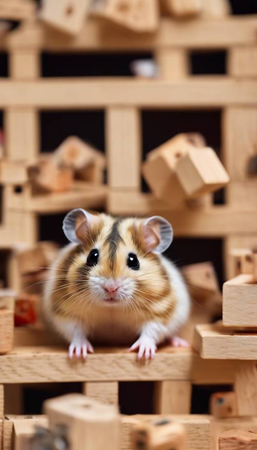 A lively scene of various multi-colored dwarf hamsters scurrying through a maze made of wooden blocks.