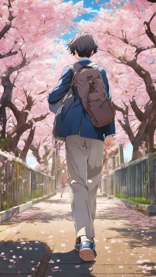 Un personaje de anime que viste uniforme escolar y lleva una mochila, caminando bajo los cerezos en flor durante la primavera.