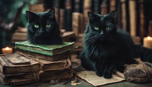 An old witch's cat, fur midnight black, eyes jade green, sitting on a pile of weathered spellbooks.