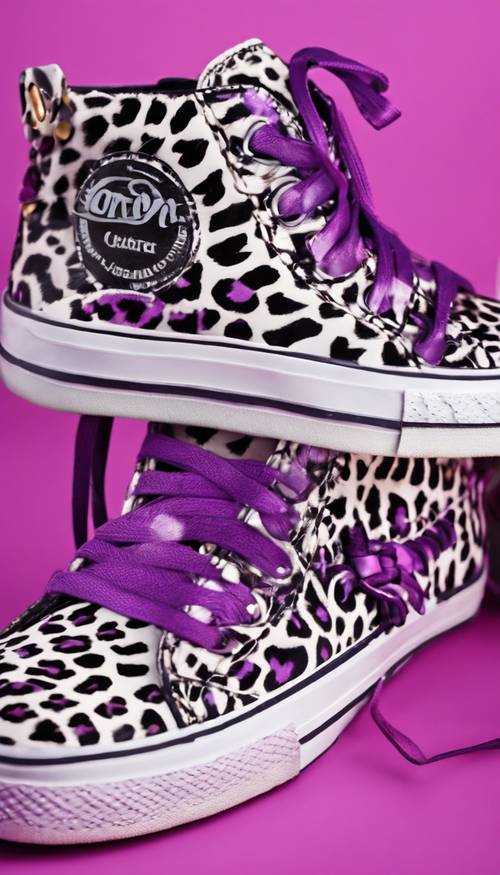 High top sneakers with a vibrant purple cheetah print detail. Tapeta [b68bb6e8a7d14fb8bcee]