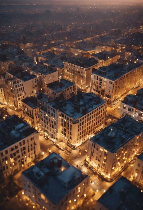 Widok z lotu ptaka na wieczorny pejzaż miejski ze światłami budynków tworzącymi złote kropki.