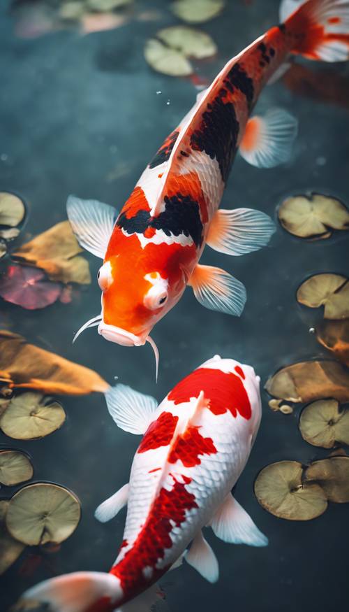 Две рыбы кои противоположных цветов, одна темно-малиновая, другая ледяно-синяя, плавают в спокойном пруду.