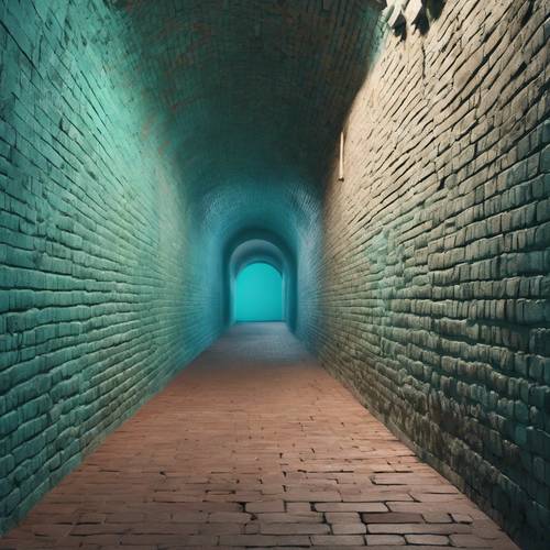 맨 끝에서 부드러운 빛이 스며드는 청록색 벽돌 터널.