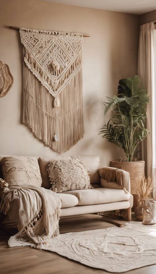 Un soggiorno beige in stile boho con un muro in macramè