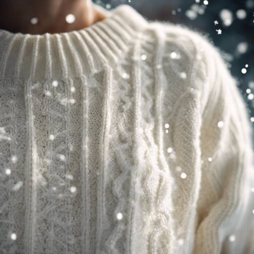 פרט של סוודר לבן בעל מרקם ביום חורפי יפהפה, עם פתיתי שלג שנתפסו בסריג.