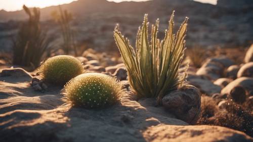 The sun rising over an alien landscape, the light reflecting off bizarrely shaped plants and rocks.