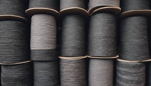 Plusieurs rouleaux de tissu en lin noir empilés dans un magasin de textile.