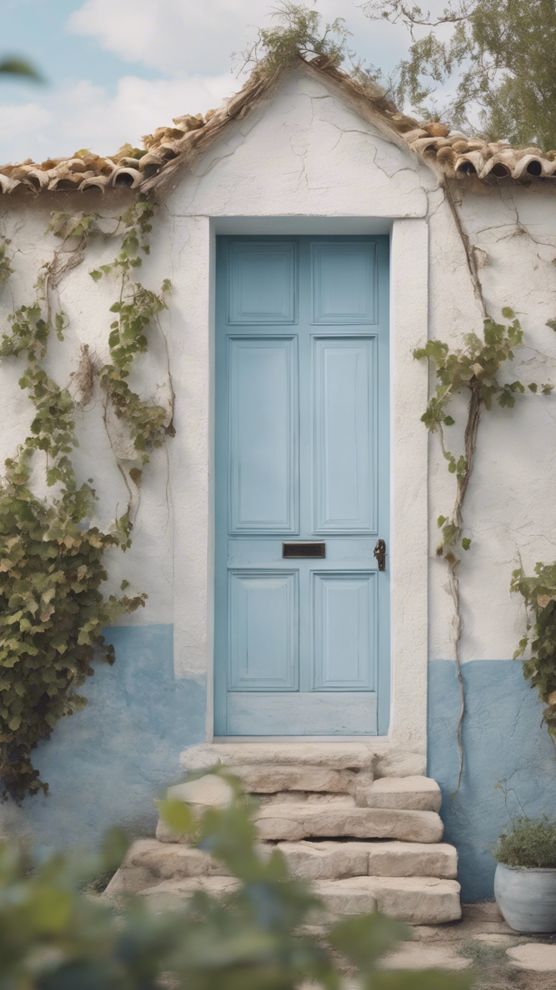 A pastel blue painted door on a rustic white house, a vineyard in the background. Sfondo[5cba61123f91494ab86f]
