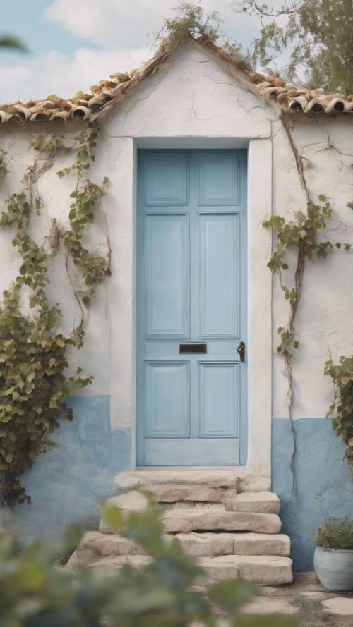 A pastel blue painted door on a rustic white house, a vineyard in the background.