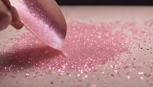 Um gel glitter rosa claro sendo espalhado em um pedaço de papel artesanal.