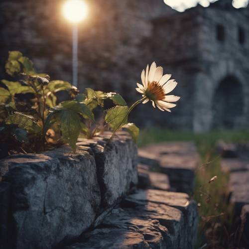 Kwiat boho świecący w świetle księżyca, kwitnący na szczycie starej kamiennej ściany.