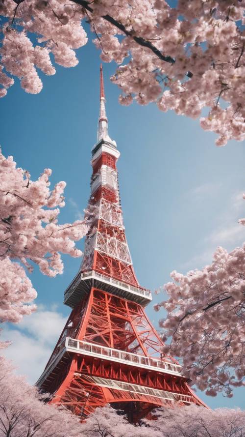 מגדל טוקיו בעונת פריחת הדובדבן עם שמיים כחולים ברקע.