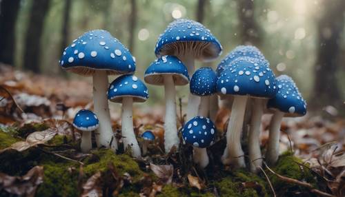 Büyülü bir ormanlık alanda mavi mantarlardan oluşan bir koloni, her mantar başlığında beyaz benekli noktalar bulunur.