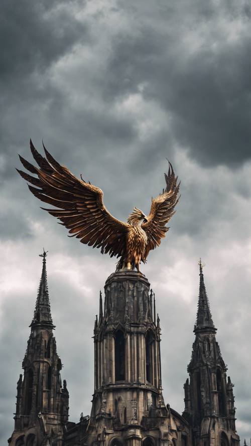 Un grand phénix perché sur la flèche d’une élégante cathédrale gothique sous un ciel orageux.