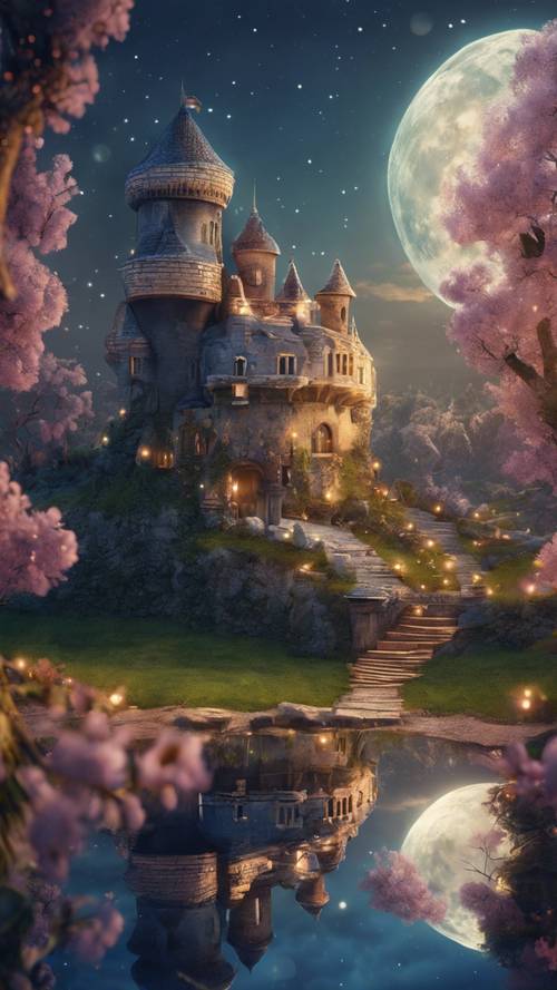 輝く月明かりの下で、不思議なお城や神秘的な生き物がいる魔法の童話の惑星