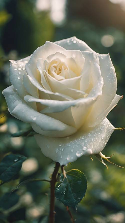 Eine Nahaufnahme einer weißen Rose, die in einem üppig grünen Garten blüht.
