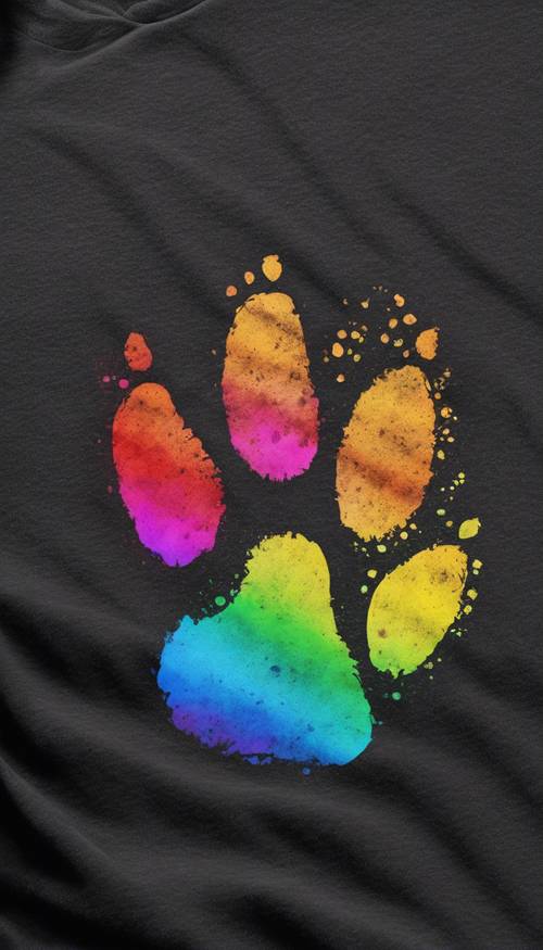 A vibrant rainbow paw print of a racoon on a black t-shirt.