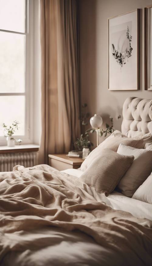 Спокойная спальня с уютным бежевым постельным бельем, мягким освещением и большим окном.